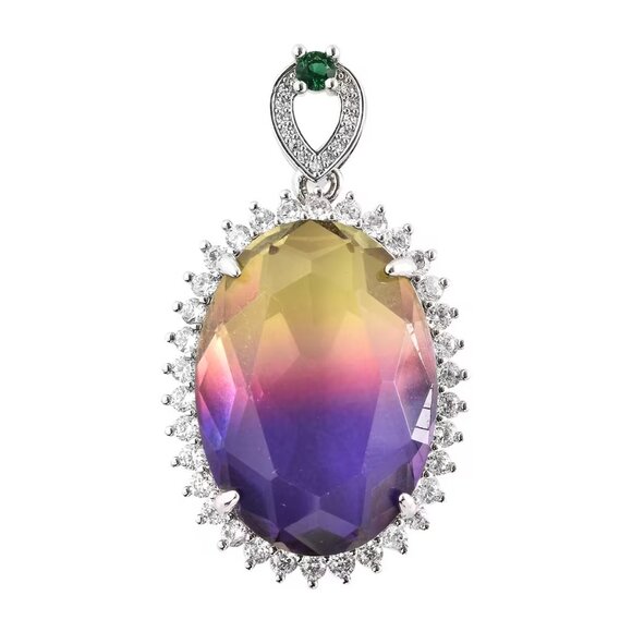 Jewelry - Simulated Yellow, Amethyst, Green and White Diamond Halo Pendant in Silvertone